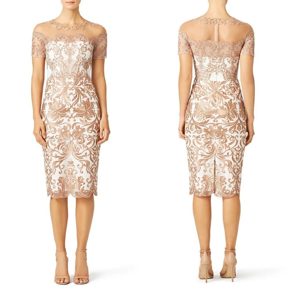 Marchesa Notte Jaipur Dress Metallic Embroidered Illusion Sheath White Gold 10